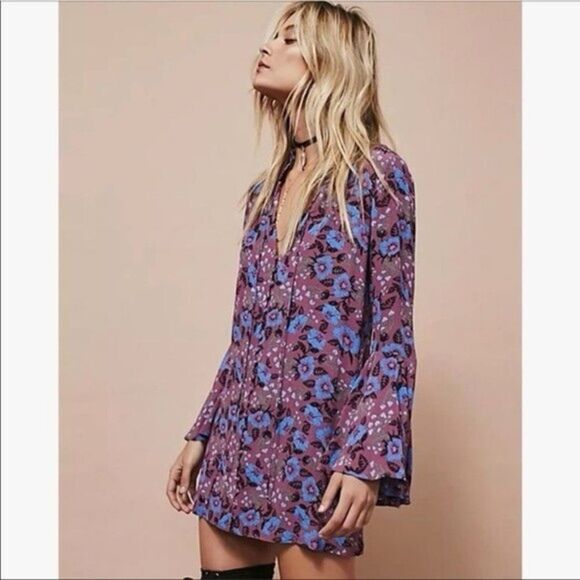 Free People Magic Mystery Tunic Dress Purple Electric Blue $108 Wine Small - Picture 1 of 9